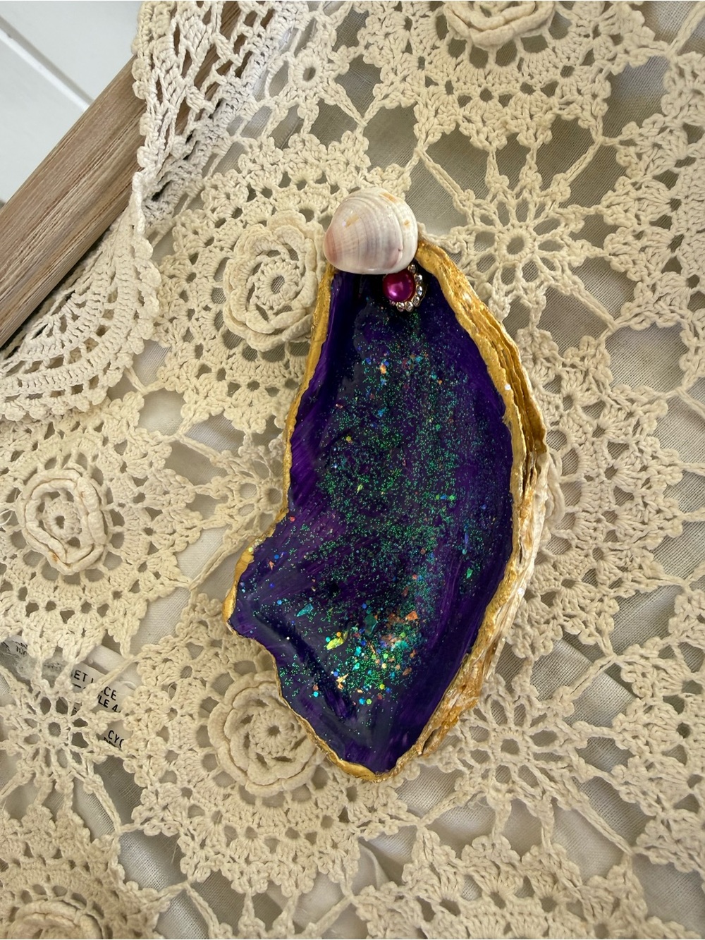 Handmade Gilded Royal Purple Oyster Shell Trinket Dish 4.5"